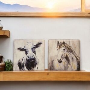 Farm House‎ Home Decor Horse and Cow Animal Wall Art Canvas  8×8